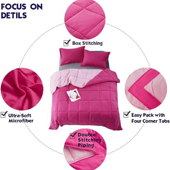 3pc Pink Queen Size Comforter Set - All Season Reversible Down Alternative Comfo - Picture 7 of 7